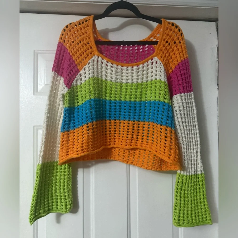 🌈 Y2K Colorblock Crochet Sweater Wild Fable M | Festival Knit Top - Picture 2 of 12